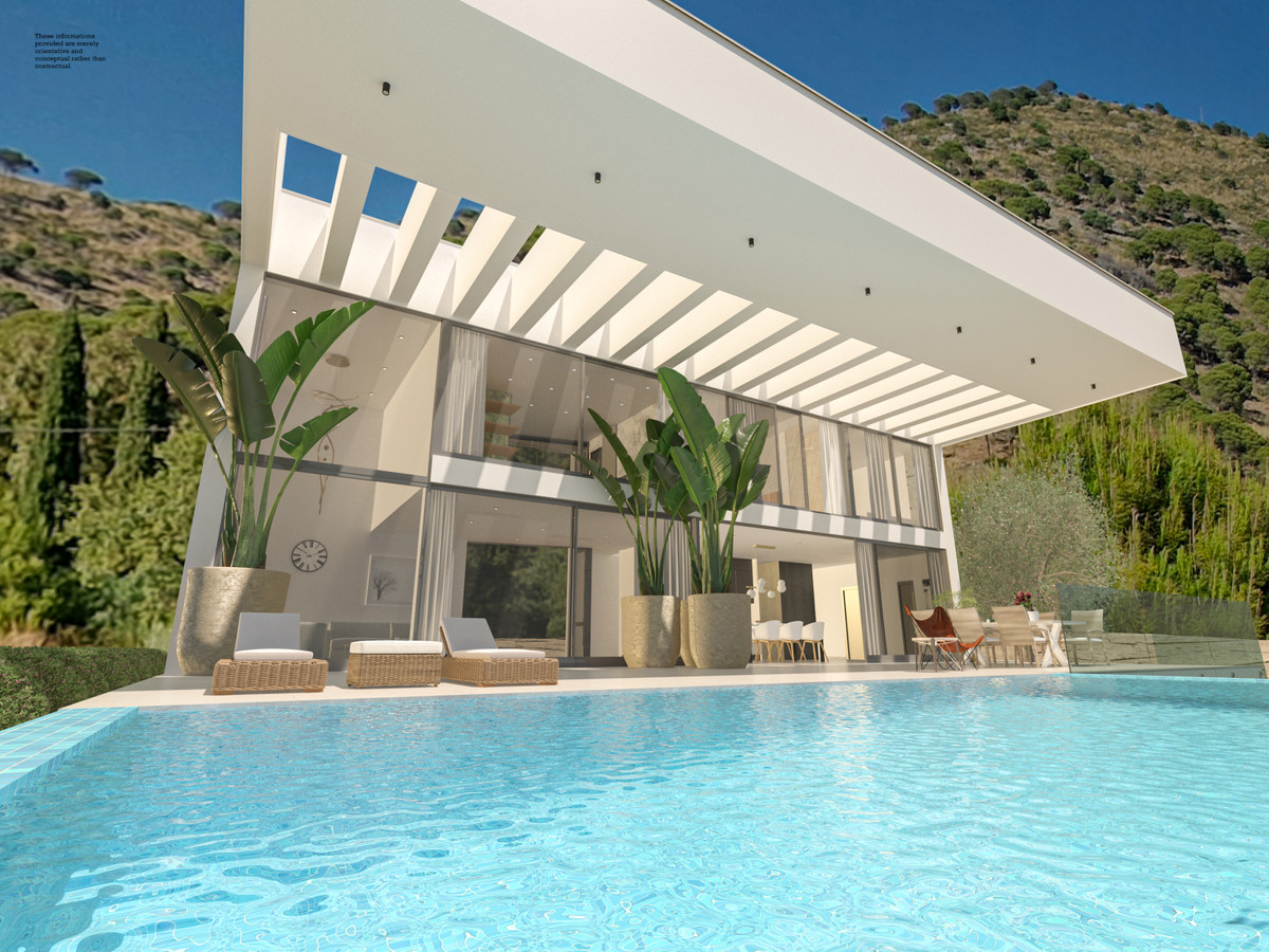 BV 11 – Mijas - modern exterior with infinity pool, louvred pergola and tropical plants against a hillside backdrop