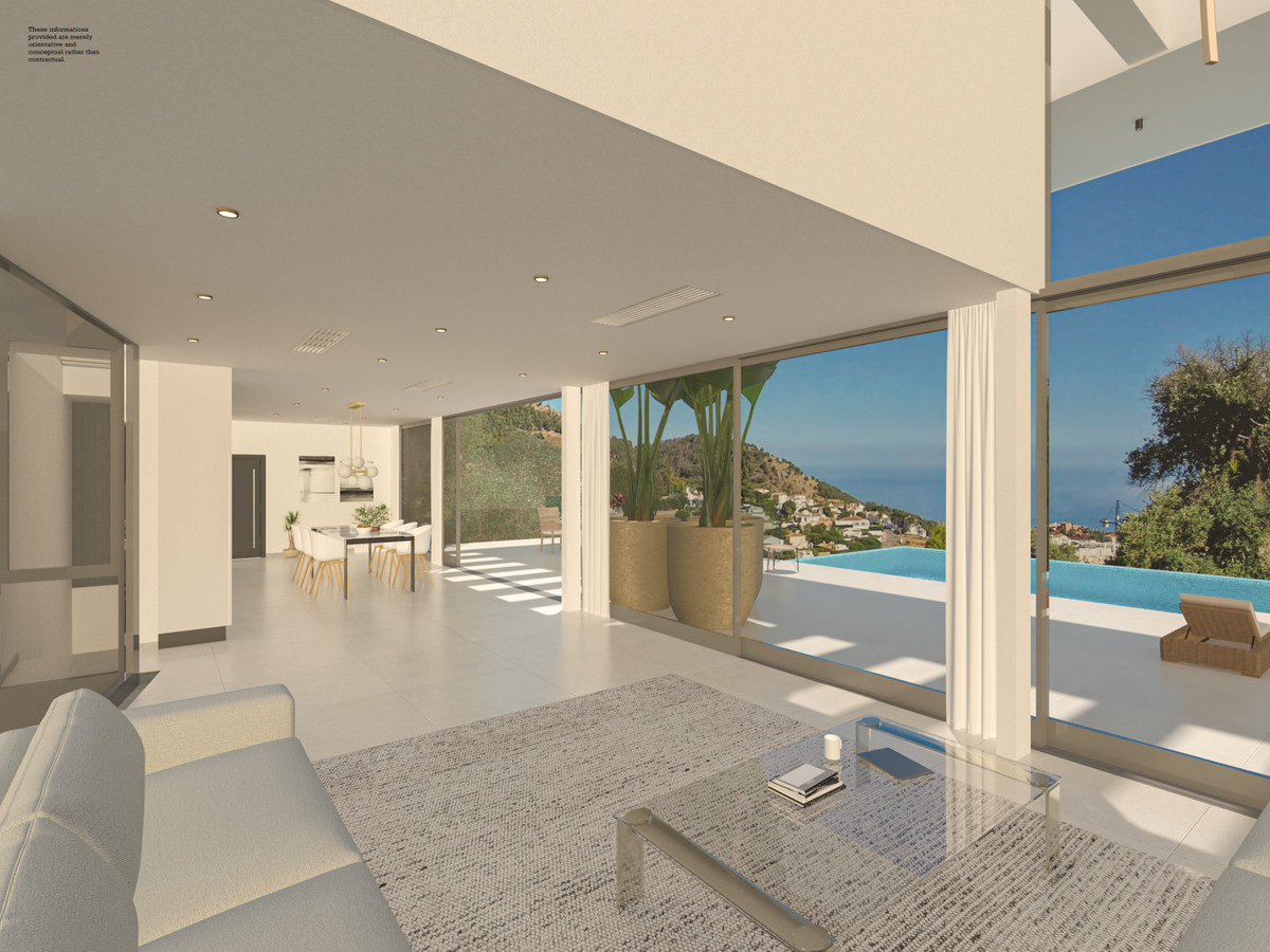 BV 11 – Mijas - open-plan living area with floor-to-ceiling glass doors, infinity pool and panoramic sea views