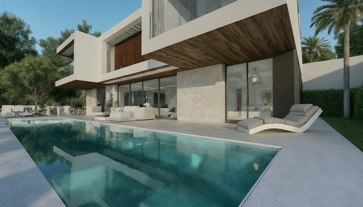 Europa Nova – Mijas - modern exterior with infinity pool, sun loungers, and open-plan living area behind floor-to-ceiling glass doors