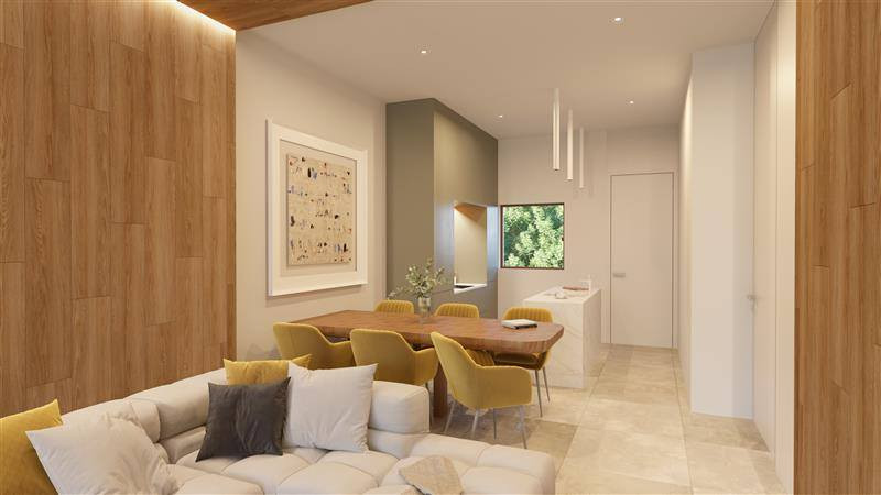 Higueron North Residences – Apartments – Fuengirola - open-plan living and dining area with mustard chairs and wood accents