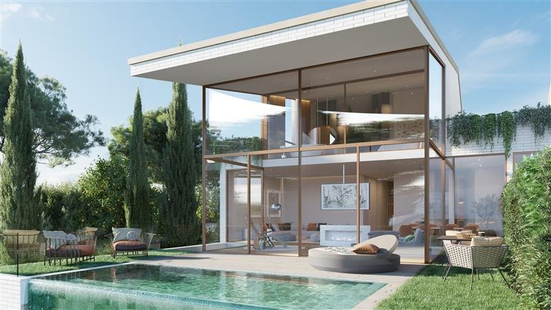 Higueron North Residences – Villas – Fuengirola - exterior view of glass-fronted two-storey villa with pool and landscaped garden