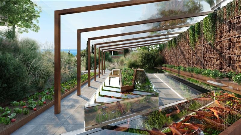 Higueron North Residences – Villas – Fuengirola - landscaped garden pergola with water feature, raised planting beds and sea views