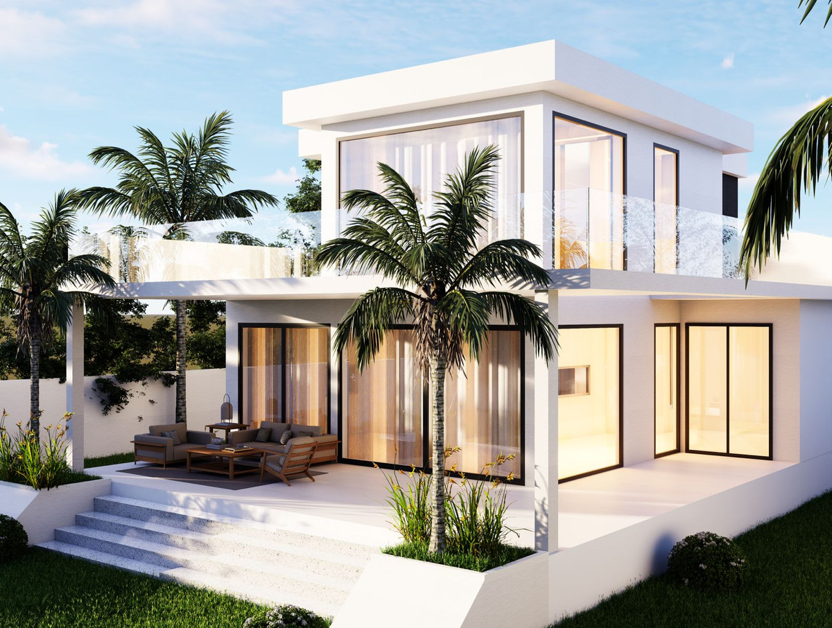 Sakura – Valle Romano - modern two-storey white villa exterior with floor-to-ceiling glass, covered terrace and palm garden
