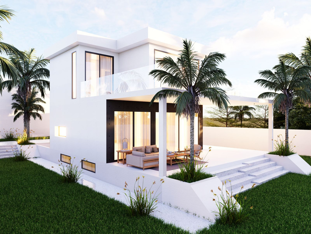 Sakura – Valle Romano - modern white two-storey villa exterior with palm trees, covered terrace and manicured lawn at dusk