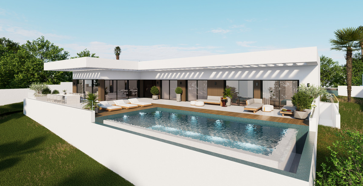 Tailor Made Villa in Casares – Casares - modern white exterior with illuminated swimming pool, sun deck, and pergola terrace
