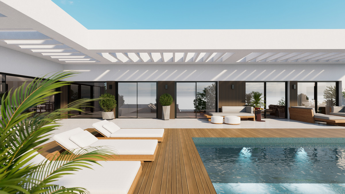 Tailor Made Villa in Casares – Casares - luxury pool terrace with sun loungers, wooden deck and white pergola