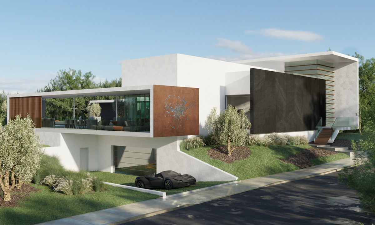 The Palm 11 – Benalmadena - modern luxury villa exterior with white facade, Corten steel panels, and sports car on driveway