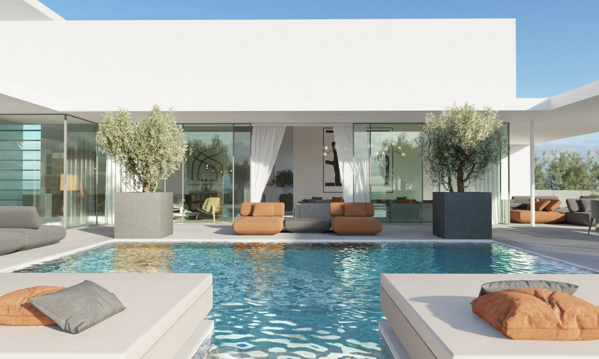 The Palm 11 – Benalmadena - luxury outdoor pool terrace with modern white architecture and olive trees