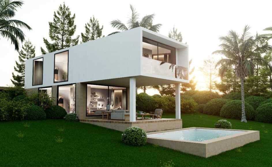 Villa Eco Zero Estepona Golf – Valle Romano - modern white two-storey villa with pool, terrace and lush garden at sunset