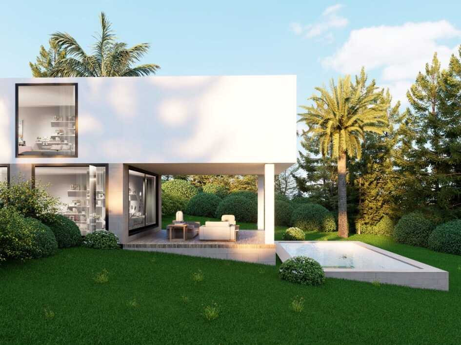 Villa Eco Zero Estepona Golf – Valle Romano - modern white exterior with garden, covered terrace, and pool