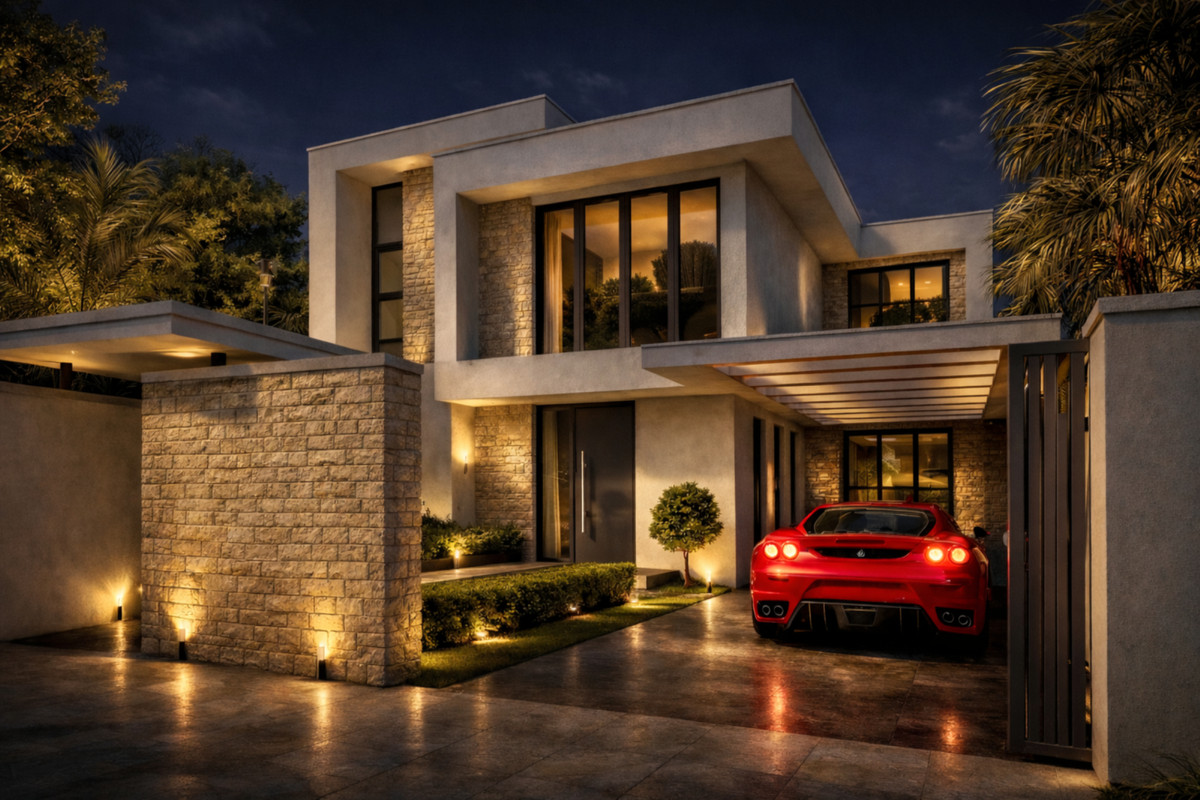 Villa Entrelagos II – La Cala Golf - luxury modern villa exterior at night with red Ferrari and illuminated facade