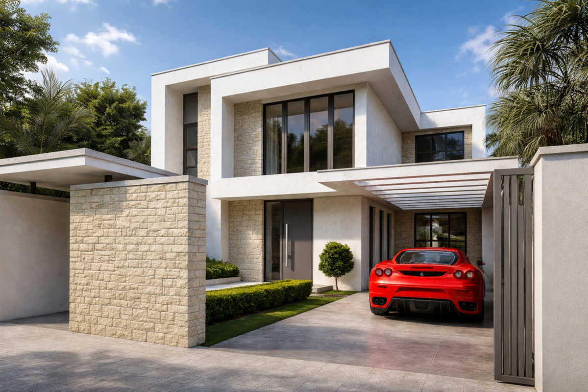 Villa Entrelagos II – La Cala Golf - modern two-storey white villa exterior with red Ferrari in covered carport
