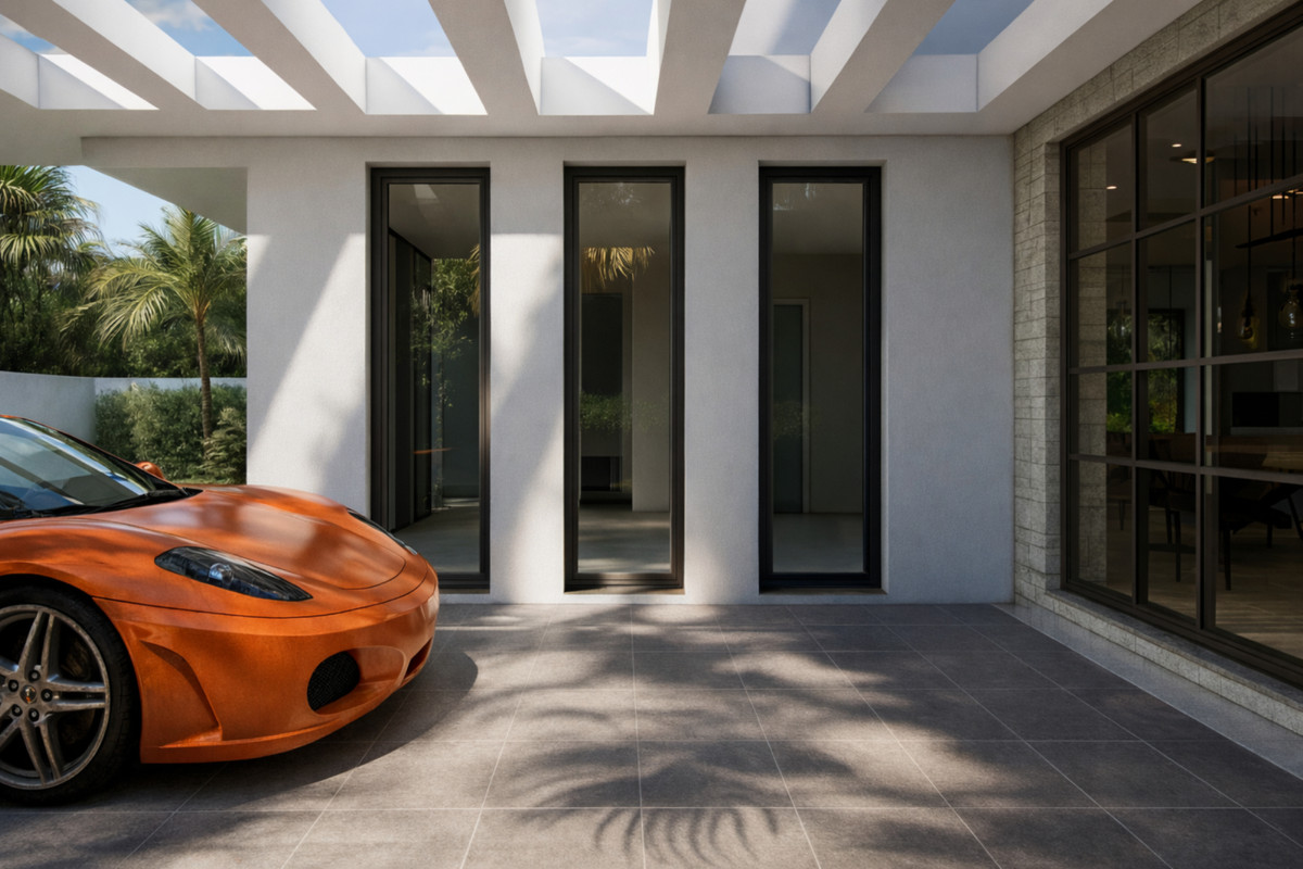 Villa Entrelagos II – La Cala Golf - luxury exterior covered porte-cochère with orange Ferrari and tall narrow windows