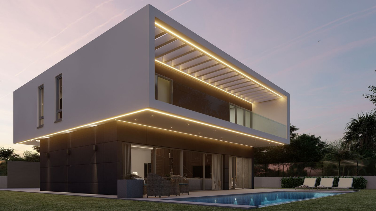 Villa Irıs – Benalmadena - modern luxury villa exterior at dusk with LED strip lighting, swimming pool and garden