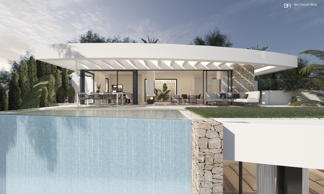 Villa La Ermita – Mijas - modern exterior with infinity pool, open-plan living area and white pergola roof