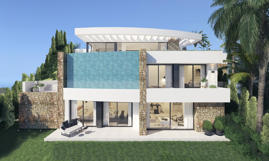 Villa La Ermita – Mijas - modern luxury villa exterior with infinity pool, stone accents, and rooftop terrace surrounded by lush gardens