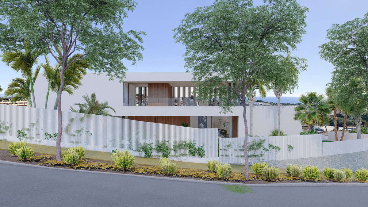 Villa Natalie – Manilva - modern white two-storey villa exterior with terrace, wooden screens and Mediterranean landscaping