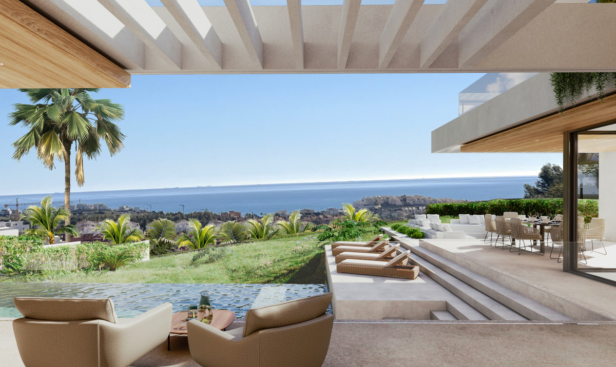 VILLA SELENE Cortesín – Casares - covered terrace with infinity pool, sun loungers and panoramic sea views