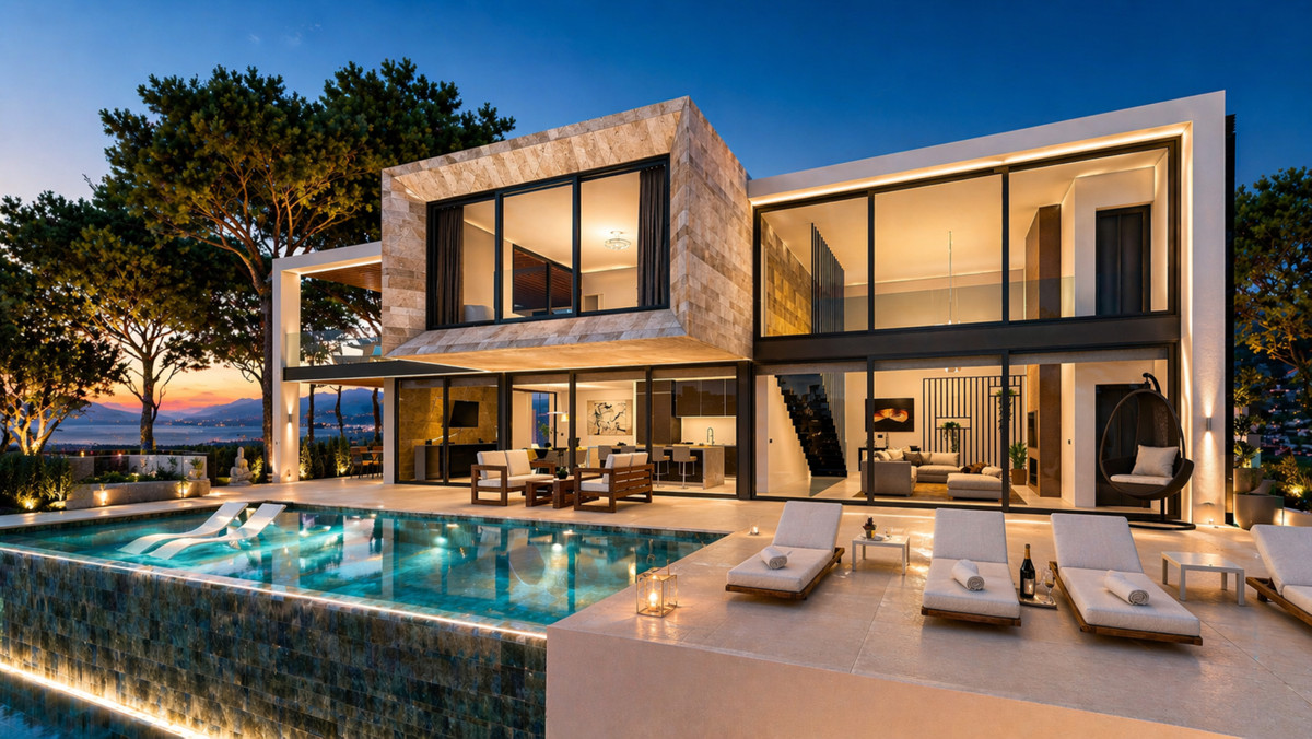 VILLA SIRIO Sotogrande – Sotogrande - luxury modern villa exterior with illuminated pool terrace and sea views at dusk