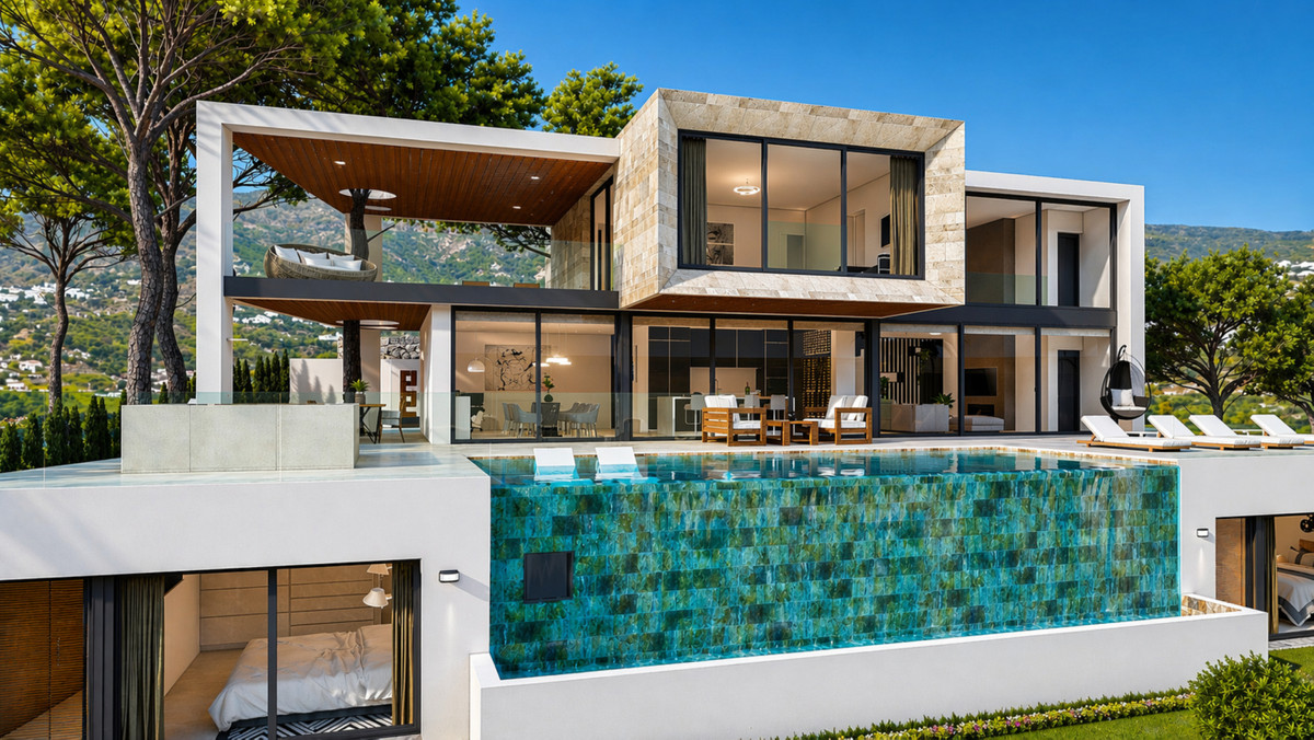 VILLA SIRIO Sotogrande – Sotogrande - modern luxury villa exterior with infinity pool, glass facades and mountain views