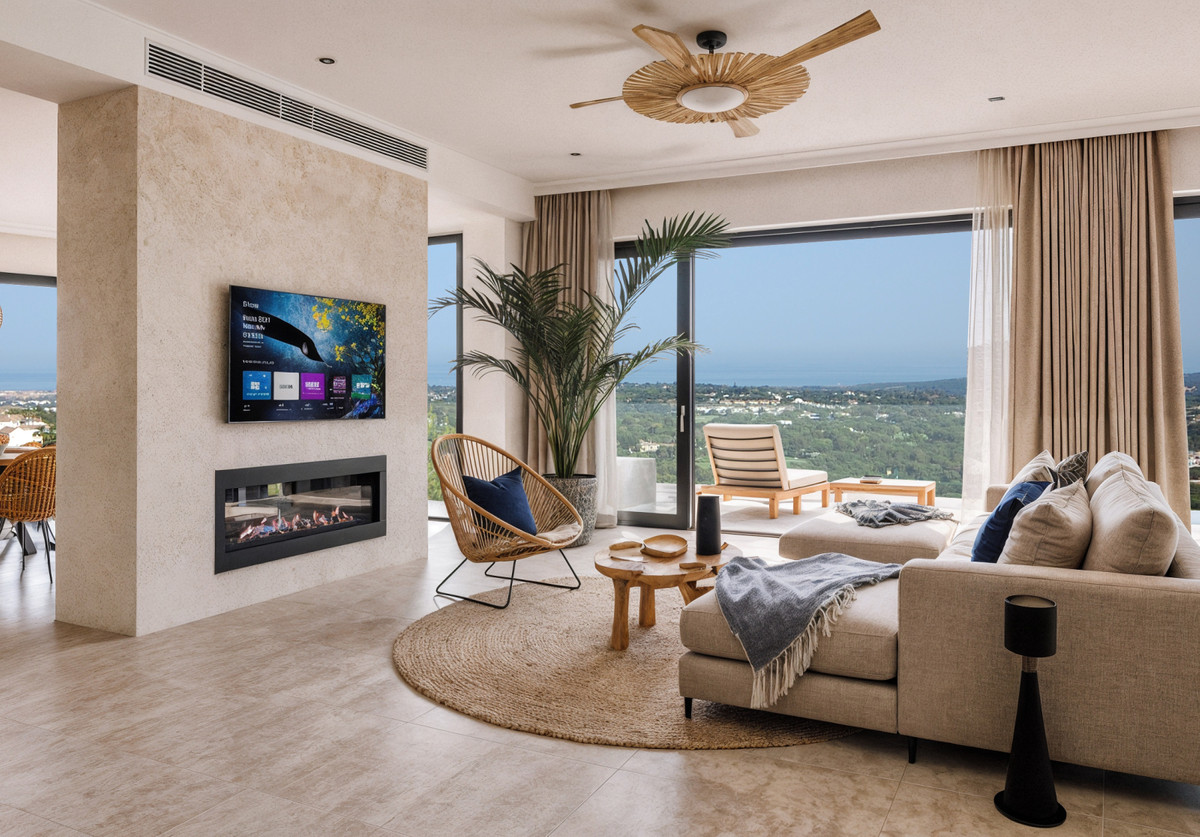 Zoe – Sotogrande - bright living room with fireplace, wall-mounted TV, rattan chair, and panoramic terrace views