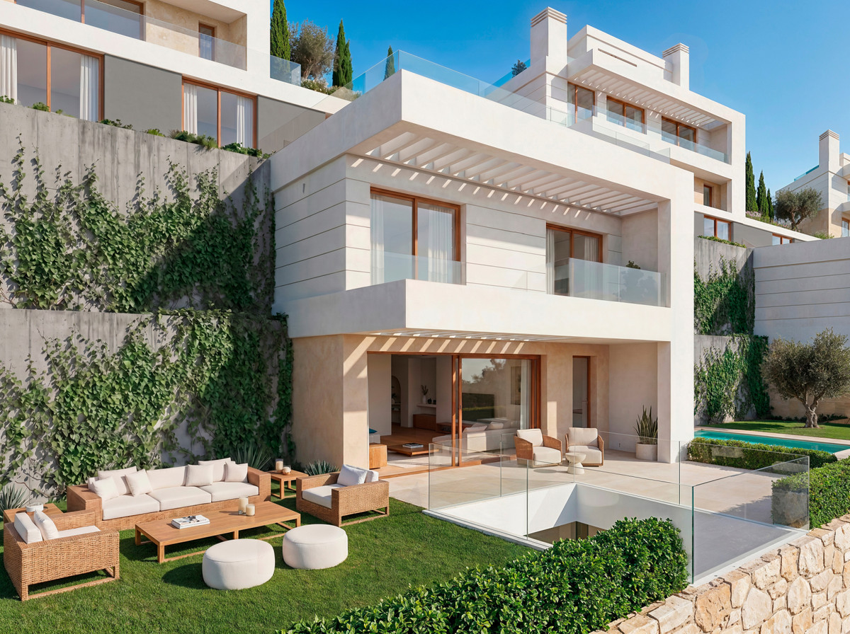 Almara Villas – Fuengirola - modern white exterior with pergola, terraced garden, outdoor lounge seating and pool