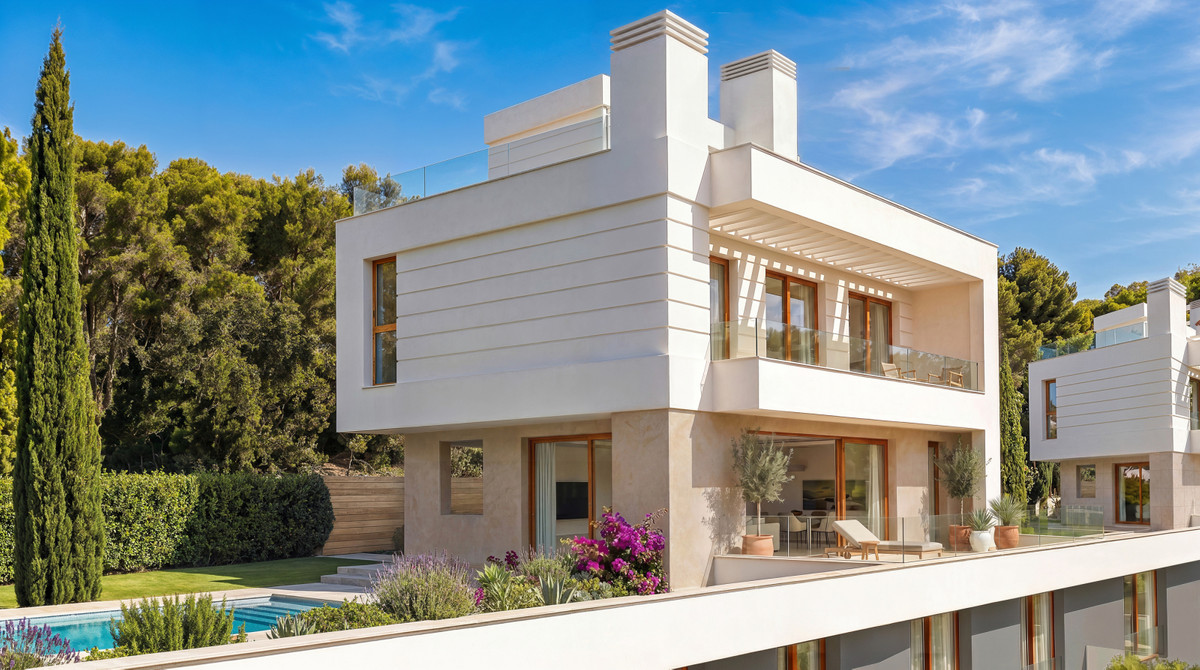 Almara Villas – Fuengirola - modern white luxury villa exterior with pool, terraces and landscaped garden on the Costa del Sol