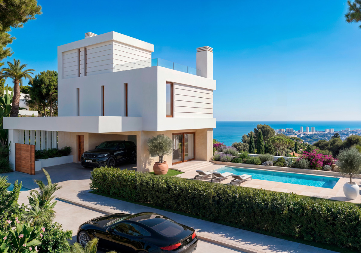 Almara Villas – Fuengirola - modern white villa exterior with pool, sea views and landscaped garden