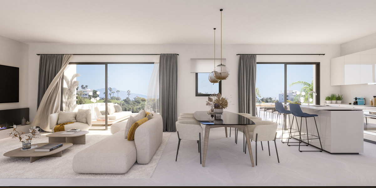 Attire Estepona – Estepona - open-plan living, dining and kitchen area with floor-to-ceiling windows and garden views