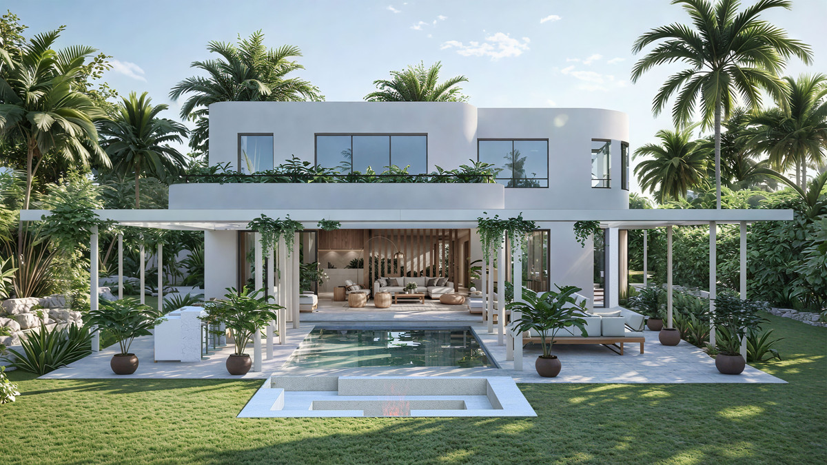 Can Cayú – Marbesa - modern white two-storey villa exterior with pool, covered terrace and tropical gardens
