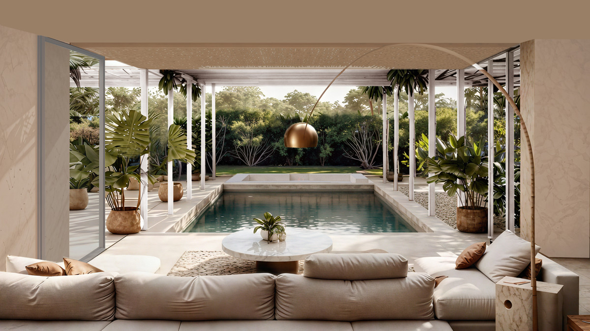 Can Cayú – Marbesa - open-plan living room with pool, lush tropical garden and golden pendant light
