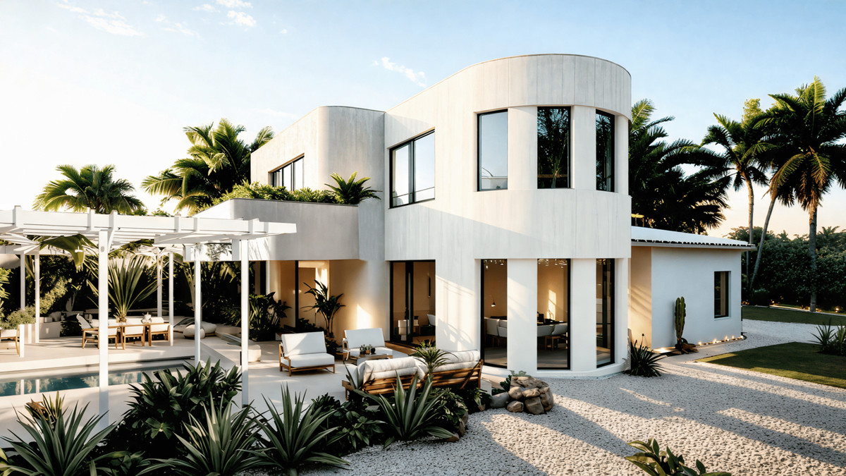 Can Cayú – Marbesa - luxury white modern villa exterior with curved tower, pool terrace, and tropical gardens