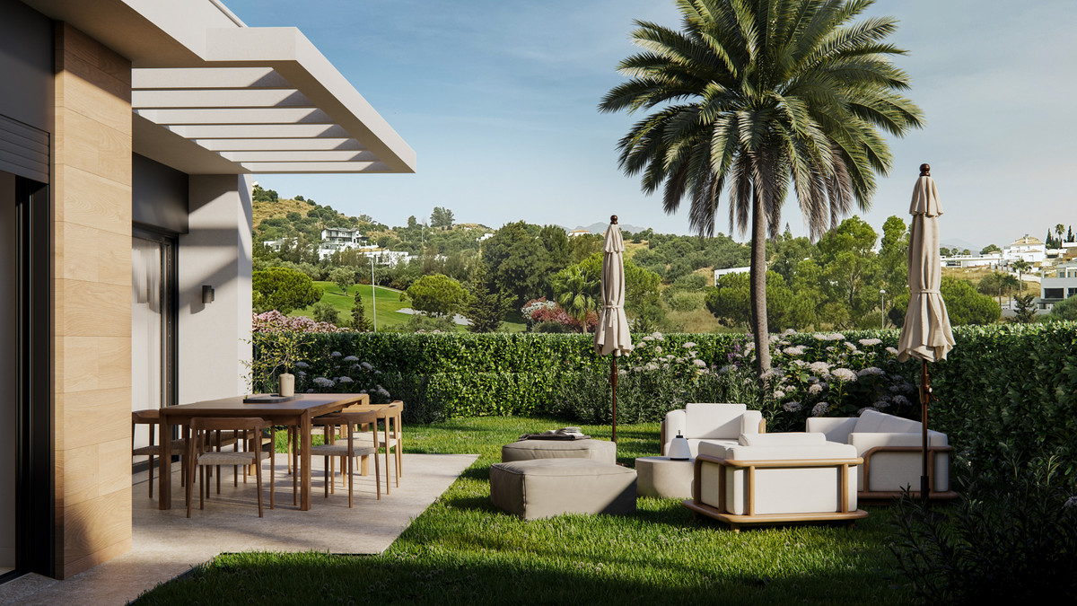Green Valley – Cerros del Aguila - landscaped garden terrace with outdoor dining and lounge seating overlooking a golf course and hillside