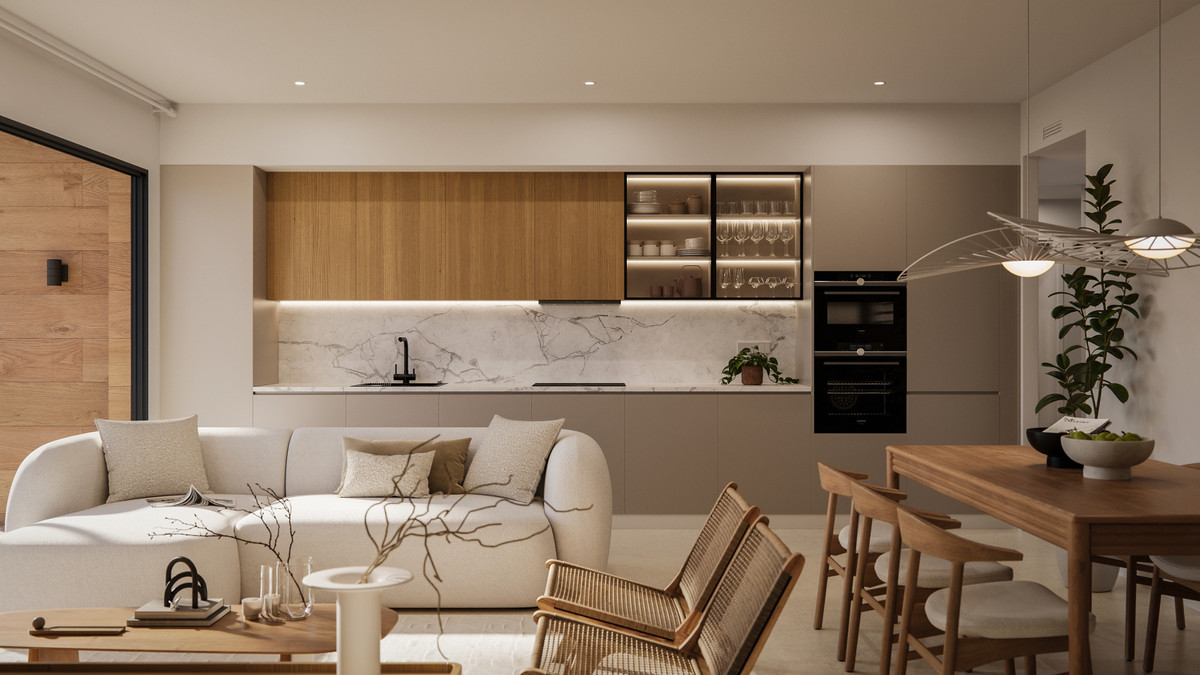 Green Valley – Cerros del Aguila - open-plan kitchen, living and dining area with warm wood cabinetry and marble backsplash