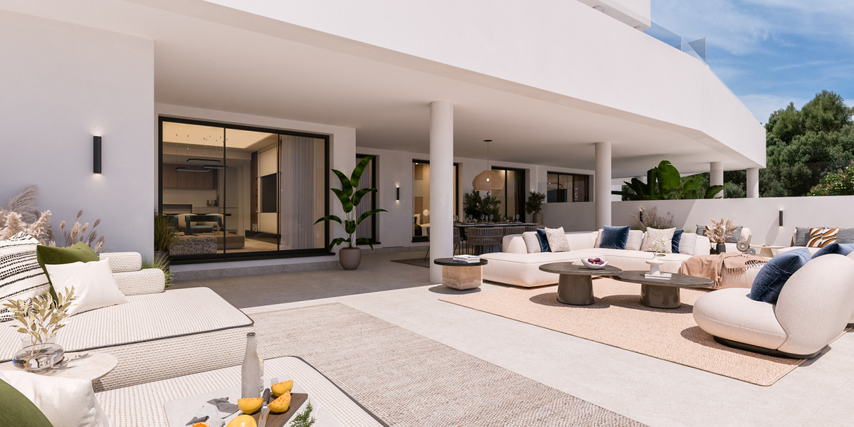 Medblue IV – Altos de los Monteros - spacious covered terrace with luxury outdoor lounge seating and floor-to-ceiling sliding glass doors