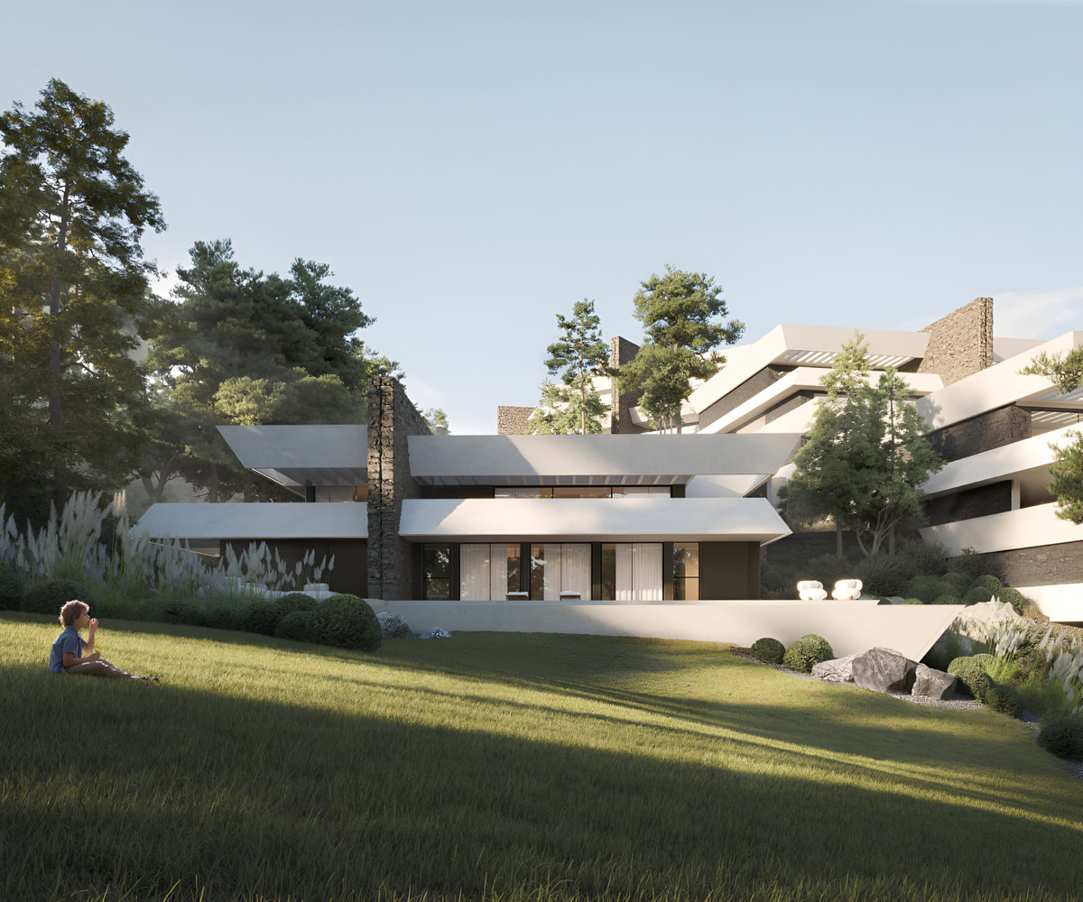 Mosher Collection – Benalmadena - contemporary multi-level exterior facade with white horizontal terraces, stone accents, and landscaped garden