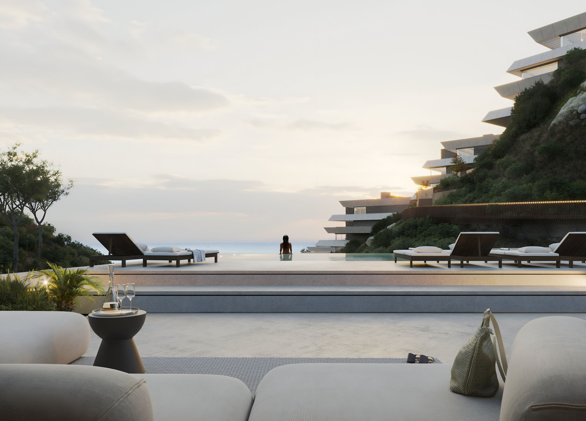 Mosher Collection – Benalmadena - infinity pool terrace with sea views at sunset and cascading terraced residences