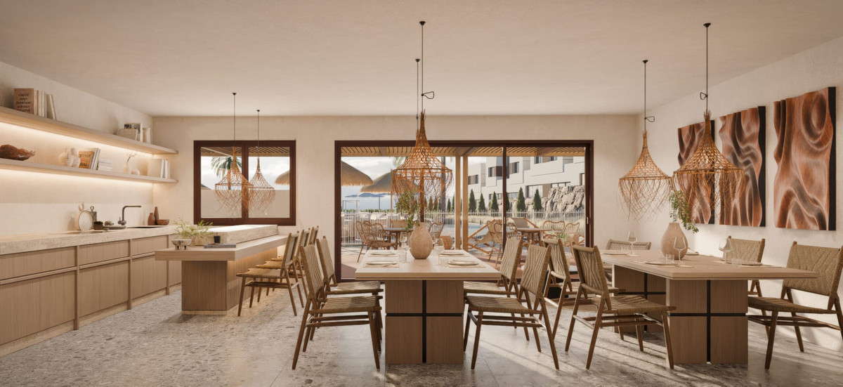 Savia – Fase 2 – Mijas - bright open-plan dining and kitchen area with woven pendant lights and terrace access