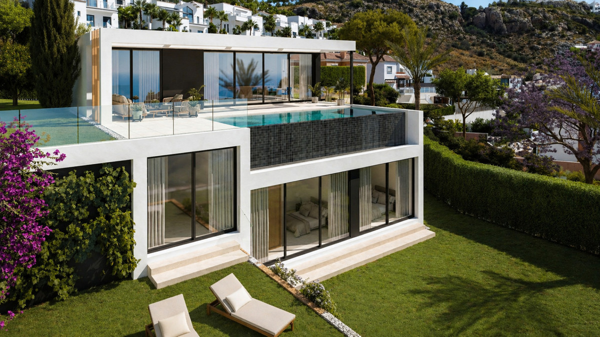 Stupa – Villa Jokang – Torremuelle - modern white villa exterior with infinity pool, garden, and sun loungers in Torremuelle, Málaga