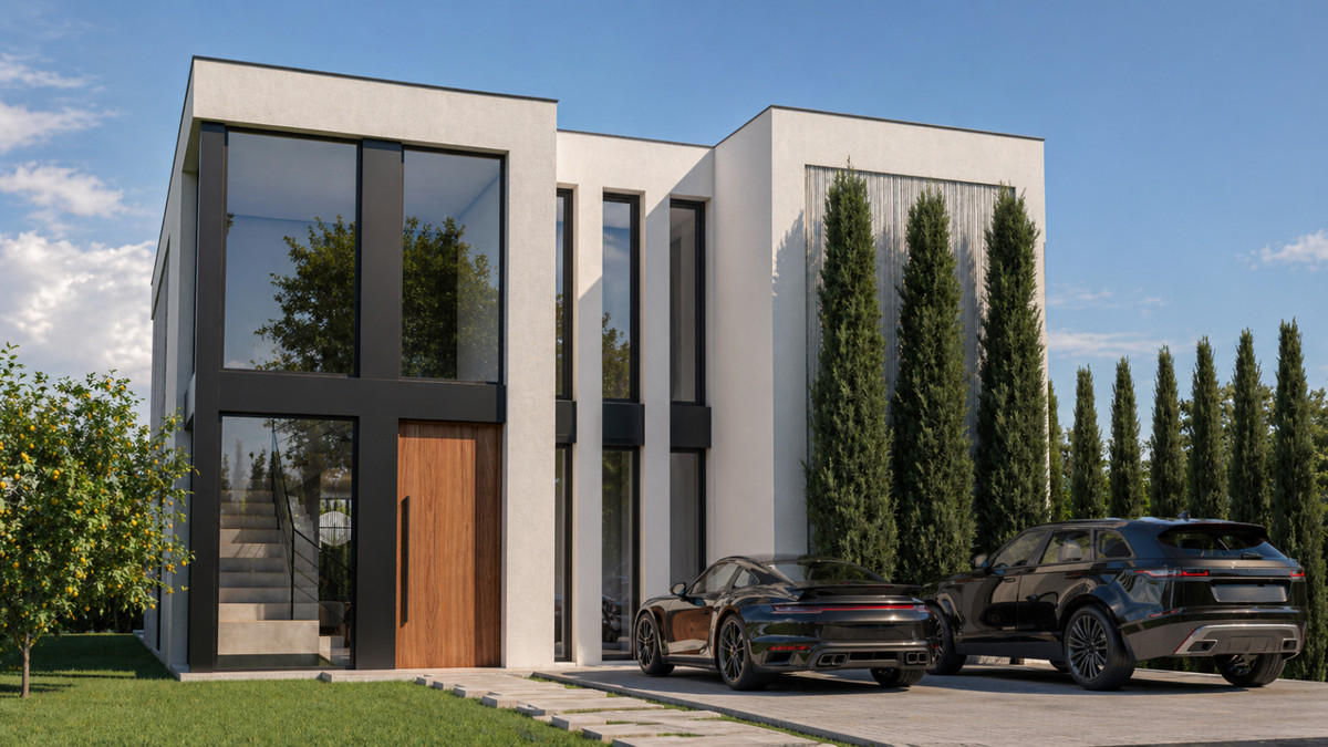 Stupa – Villa Metta – Mijas Golf - modern two-storey white villa exterior with floor-to-ceiling glazing and two black Porsche cars on the driveway