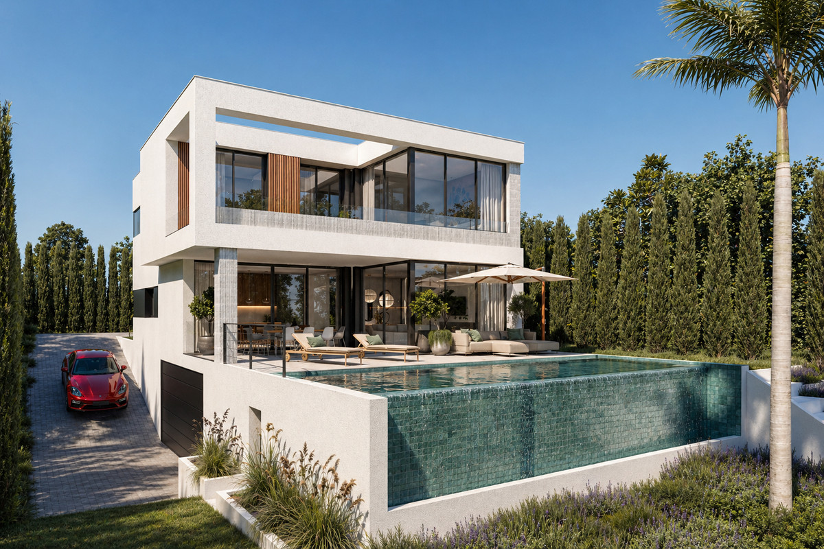 Stupa – Villa Metta – Mijas Golf - modern two-storey white villa with infinity pool, terrace, and red Porsche in driveway