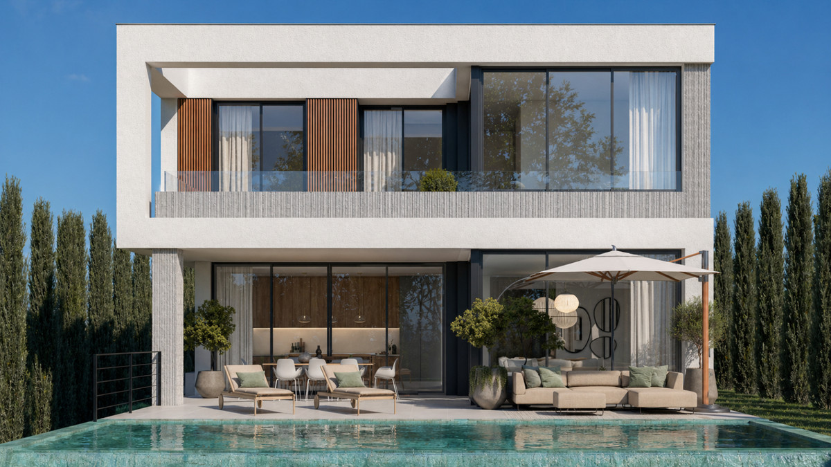 Stupa – Villa Metta – Mijas Golf - modern two-storey villa exterior with infinity pool, outdoor lounge, and dining terrace