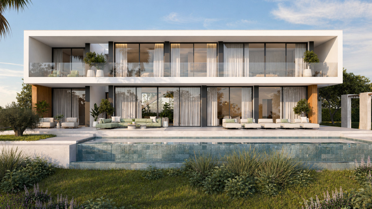 Stupa – Villa Prana – Benahavís - modern two-storey villa exterior with infinity pool, outdoor lounge terraces and landscaped garden