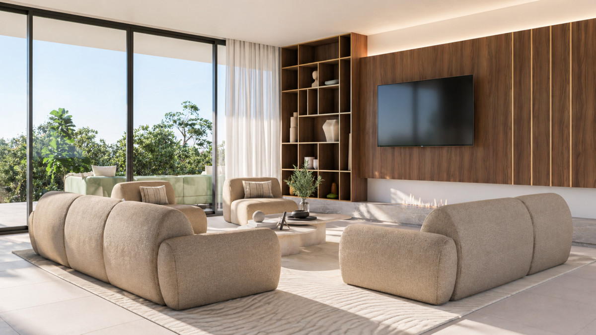 Stupa – Villa Prana – Benahavís - sunlit living room with modular sofas, wood-panelled TV wall, fireplace and floor-to-ceiling garden views