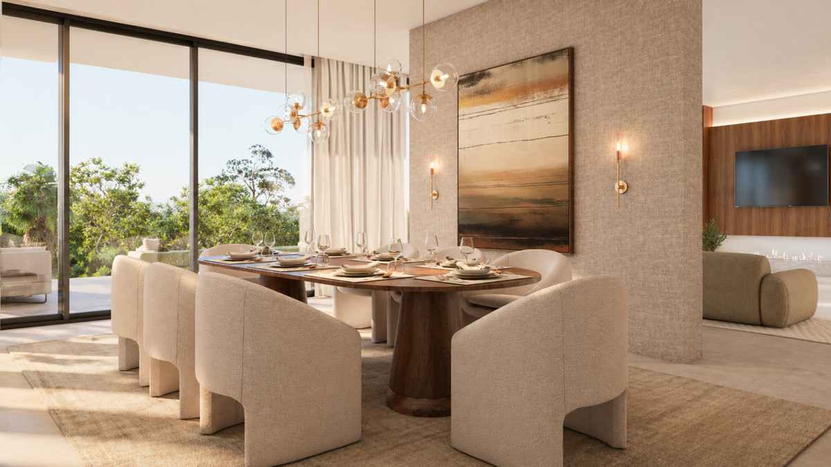 Stupa – Villa Prana – Benahavís - elegant dining room with oval walnut table, cream bouclé chairs, gold chandelier and garden views