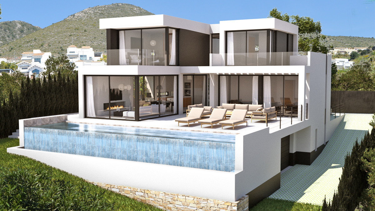 Stupa – Villa Shanti – Mijas Golf - modern white exterior with infinity pool, terrace, and mountain backdrop