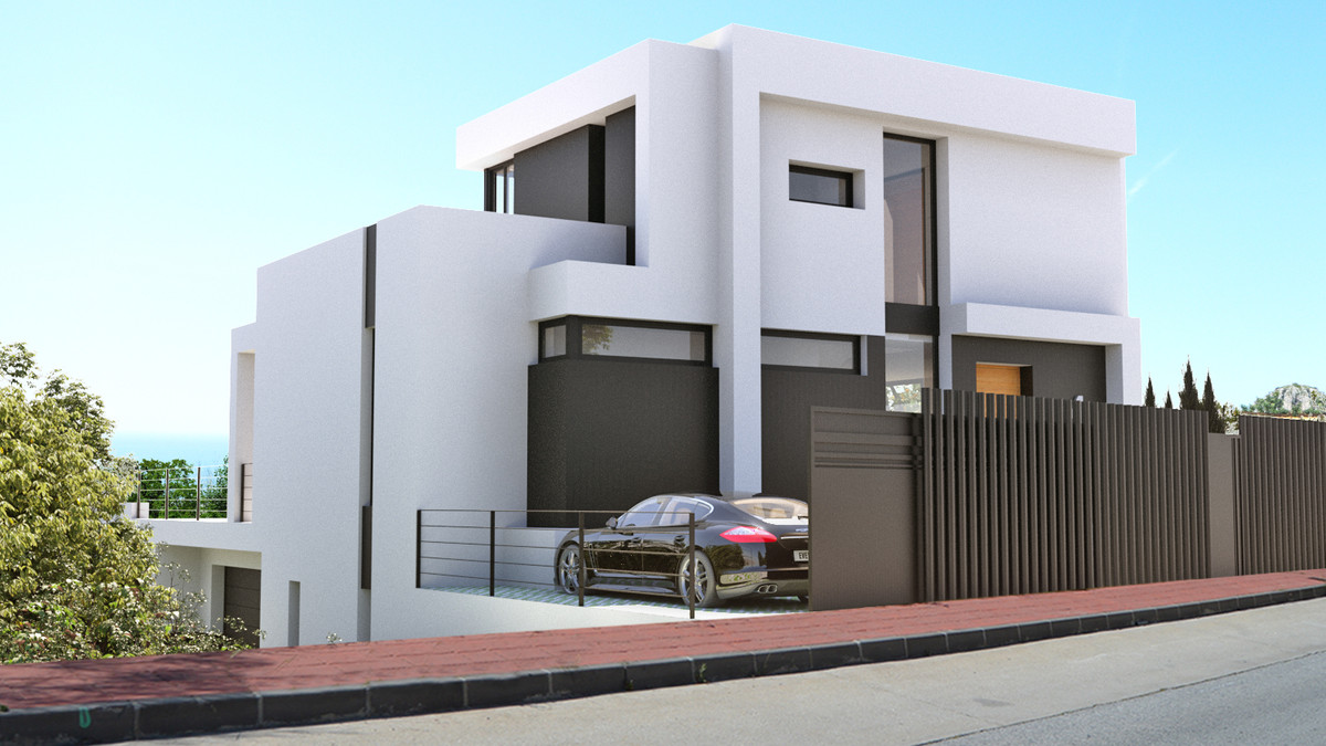 Stupa – Villa Shanti – Mijas Golf - modern white exterior facade with dark accents, gated driveway and luxury car