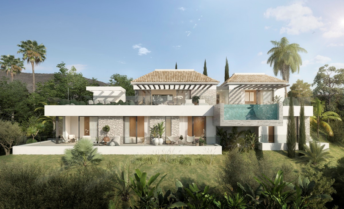 Villa Alhama – Benahavís - luxury new-build villa exterior with infinity pool, terraces, and lush garden surroundings