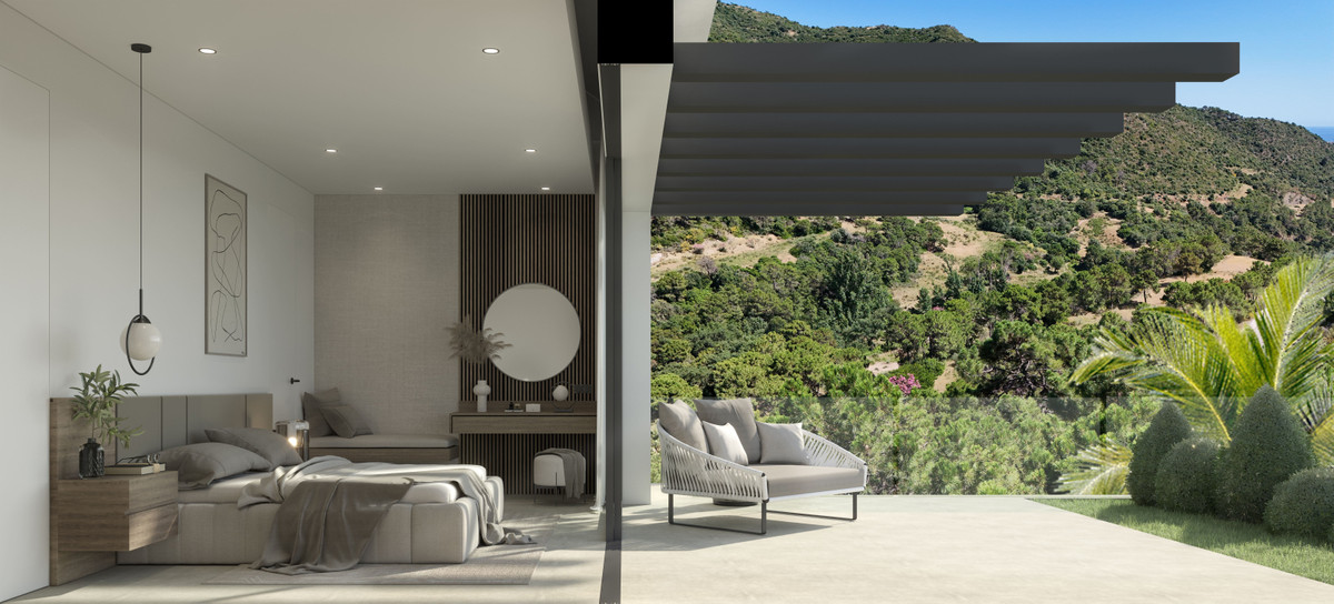 Villa Alhama – Benahavís - luxury bedroom interior and terrace with panoramic mountain views