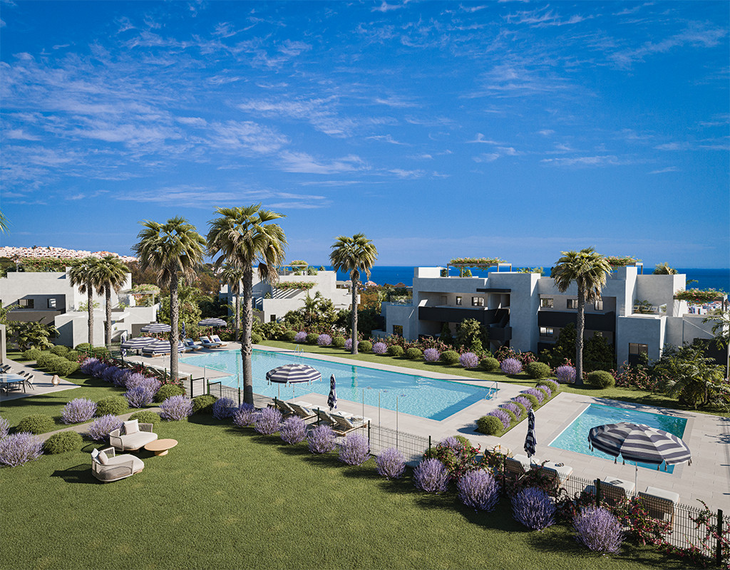 Alura Living FASE I – Casares - luxury outdoor pool and landscaped gardens with palm trees and sea views